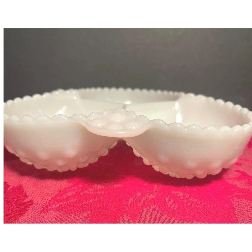 Vintage Fenton Milk Glass Hobnail 3 Compartment Relish Dish Candy Tray White MCM